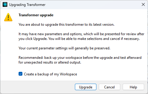 Upgrade Transformer dialog